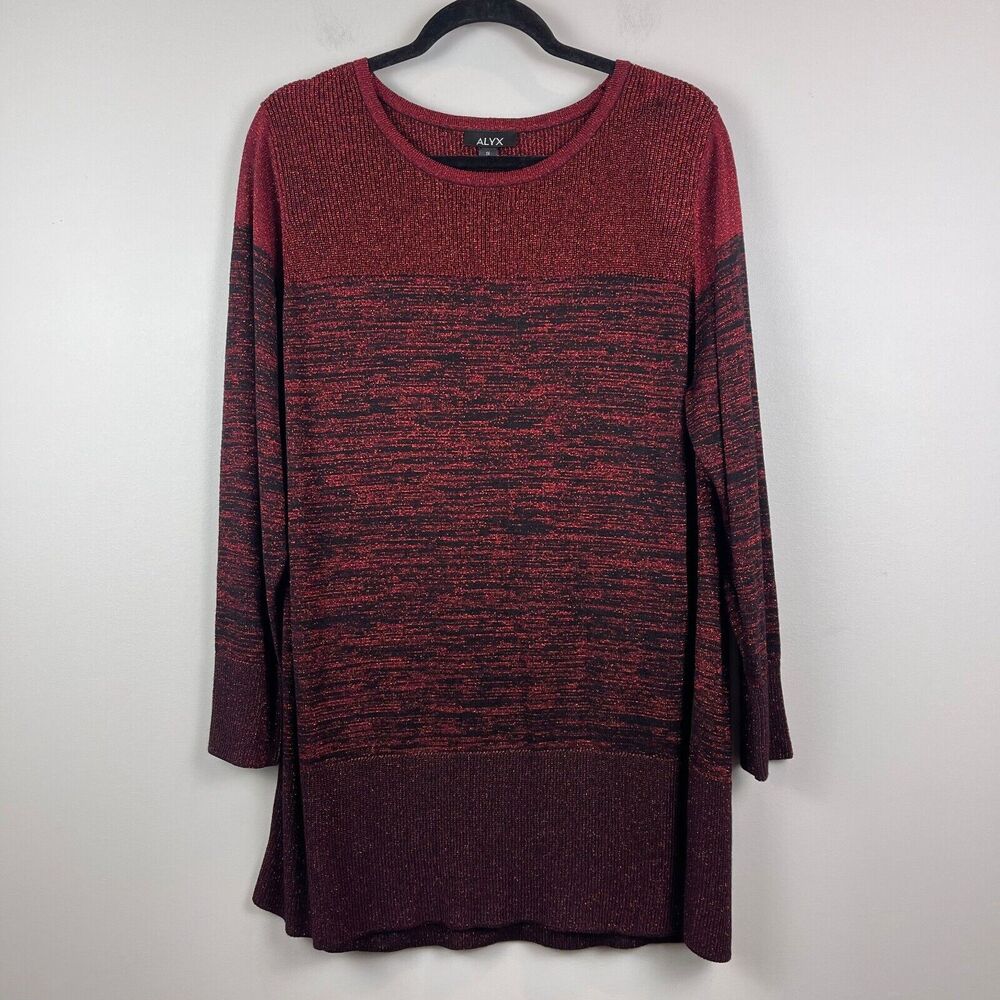 ALYX Top‎ Womens 1X Red Knit Black Sparkle Long Sleeve Pullover Sweater Modest